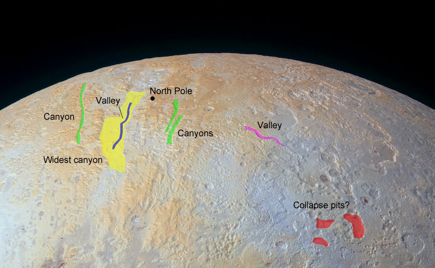 Annotated version of Pluto's north polar region.