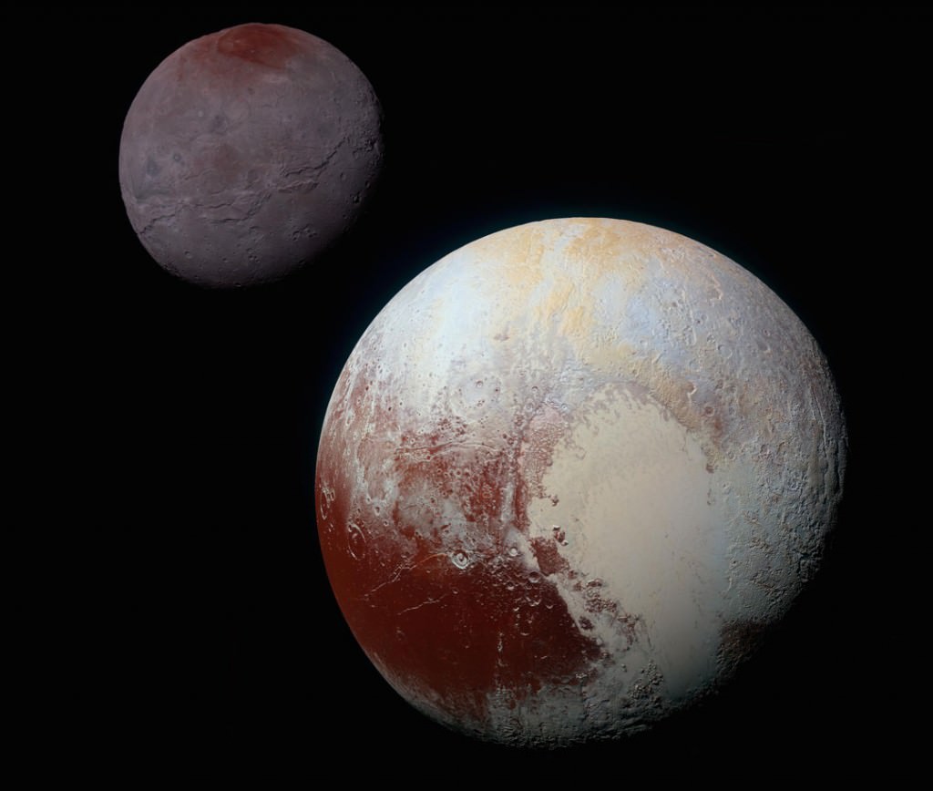 A composite of enhanced color images of Pluto (lower right) and Charon (upper left), taken by NASA's New Horizons spacecraft as it passed through the Pluto system on July 14, 2015. This image highlights the striking differences between Pluto and Charon. The color and brightness of both Pluto and Charon have been processed identically to allow direct comparison of their surface properties, and to highlight the similarity between Charon's polar red terrain and Pluto's equatorial red terrain. Pluto and Charon are shown with approximately correct relative sizes, but their true separation is not to scale.