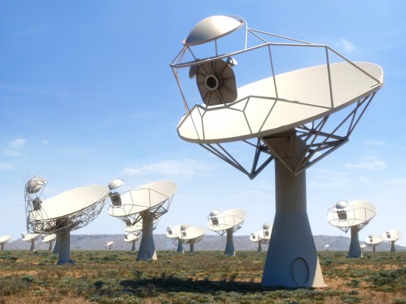 artists rendition of the SKA-mid dishes in Africa shows how they may eventually look when completed. Credit: skatelescope.org