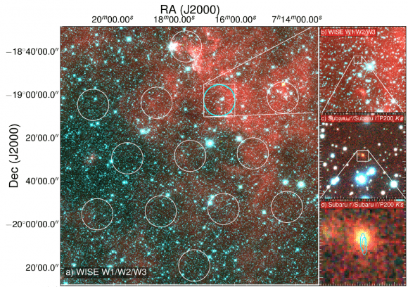 image shows the field of view of the Parkes radio telescope on the left. On the right are successive zoom-ins in on the area where the signal came from (cyan circular region).. Credit: D. Kaplan (UWM), E. F. Keane (SKAO).