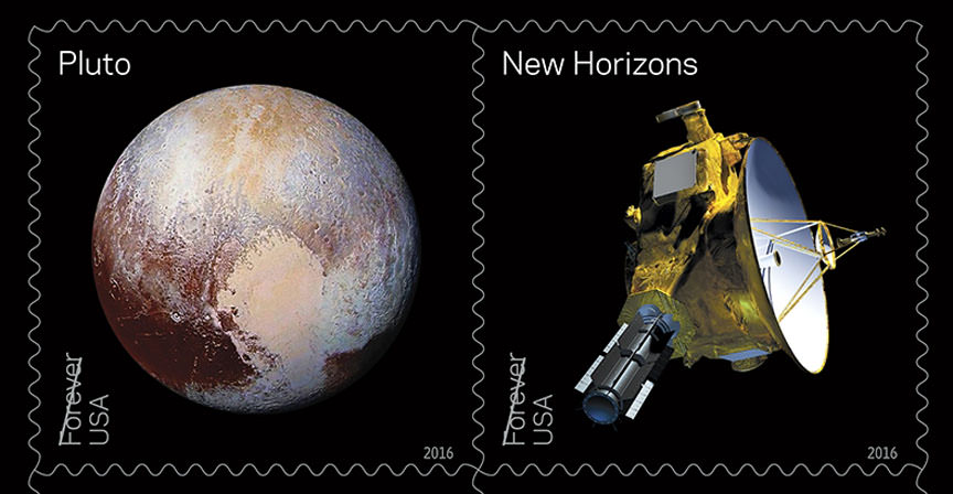 Pluto Explored! In 2006, NASA placed a 29-cent 1991 ‘Pluto: Not Yet Explored’ stamp in the New Horizons spacecraft. With the new stamp, the Postal Service recognizes the first reconnaissance of Pluto in 2015 by NASA’s New Horizon mission. The two separate stamps show an artists’ rendering of the New Horizons spacecraft and the spacecraft’s enhanced color image of Pluto taken near closest approach. Credits: USPS/Antonio Alcalá © 2016 USPS