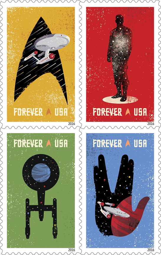 Celebrating the 50th anniversary of the television premiere, the new Star Trek Forever stamps showcase four digital illustrations inspired by the television program: the Starship Enterprise inside the outline of a Starfleet insignia, the silhouette of a crewman in a transporter, the silhouette of the Enterprise from above and the Enterprise inside the outline of the Vulcan salute. Credits: USPS/Heads of State under the art direction of Antonio Alcalá © 2016 USPS