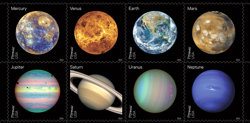 The Postal Service will showcase some of the more compelling historic, full-disk images of the planets obtained during the last half-century of space exploration. Some show the planets’ “true color” like Earth and Mars — what one might see if traveling through space. Others, such as Venus, use colors to represent and visualize certain features of a planet based in imaging data. Still others (red storms on Uranus) use the near-infrared spectrum to show things that cannot be seen by the human eye. Credits: USPS/Antonio Alcalá © 2016 USPS