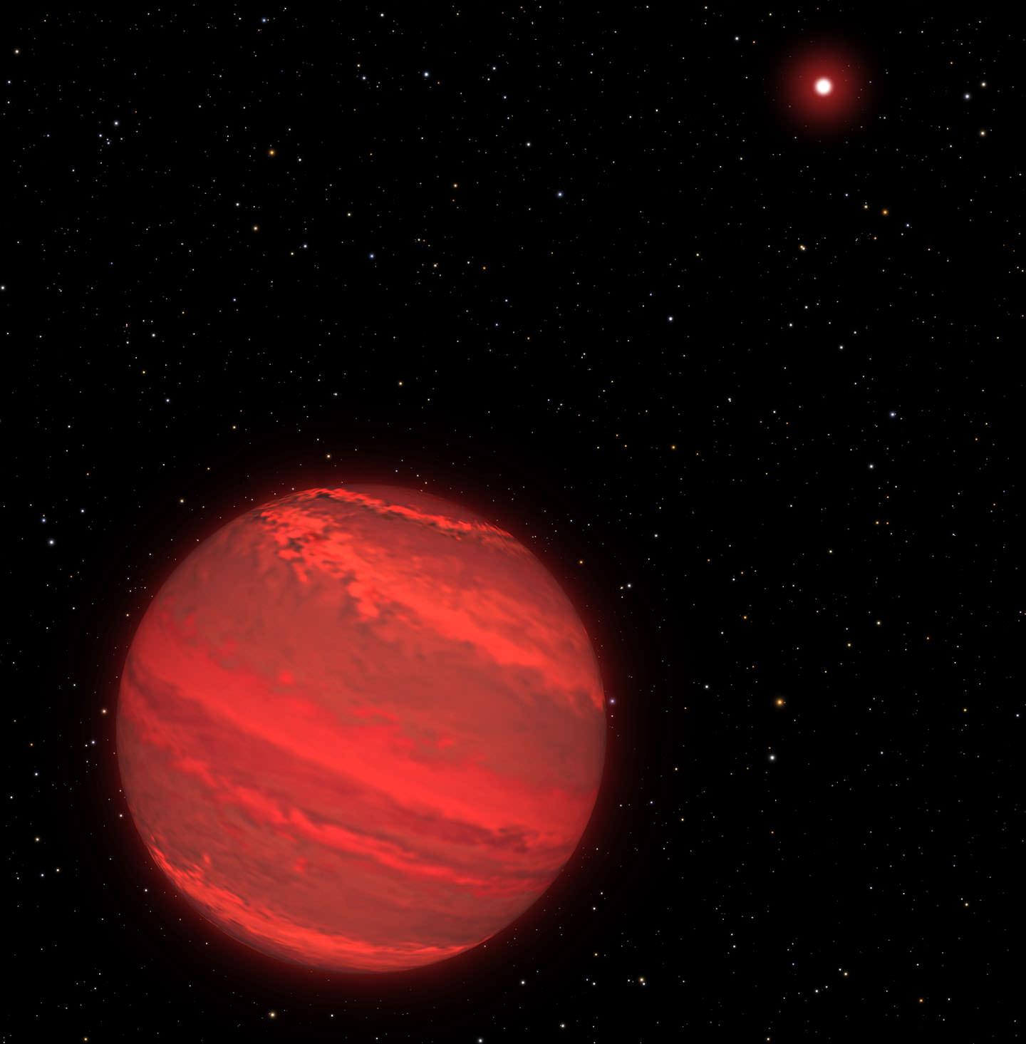 Illustration of the extrasolar planet 2M1207b (foreground) orbiting a brown dwarf. Credits: NASA, ESA, and G. Bacon/STScI
