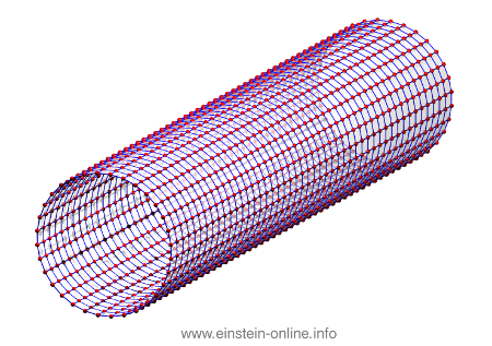 The previous cylinder, with neighboring particles joined with lines. 