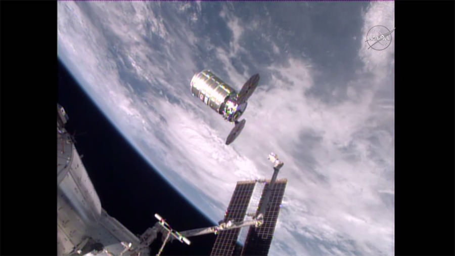 The Cygnus spacecraft is released from the International Space Station’s Canadarm2 on Feb 19, 2016.  Credit: NASA TV