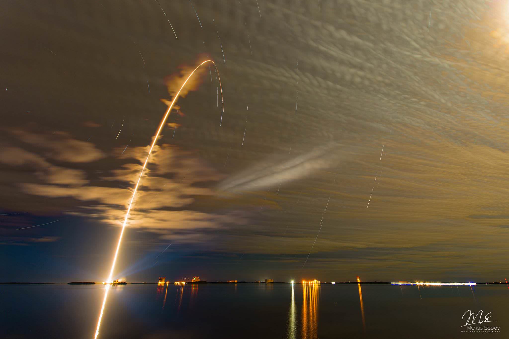 This ‘Frankenstein’ liftoff image is the result of a 160+ image time lapse sequence compiled from Atlas V rocket launch carrying the OA-6 ISS resupply #Cygnus capsule,  showing streak shot and star trails as captured at the NASA causeway at KSC/CCAFS. Launched by United Launch Alliance for Orbital ATK on March 22, 2016 at 11:05 p.m. EDT.  Credit: Mike Seeley