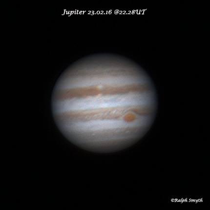 Jupiter + red spot, imaged on February 16th, 2016. image credit and copyright: Ralph Smyth