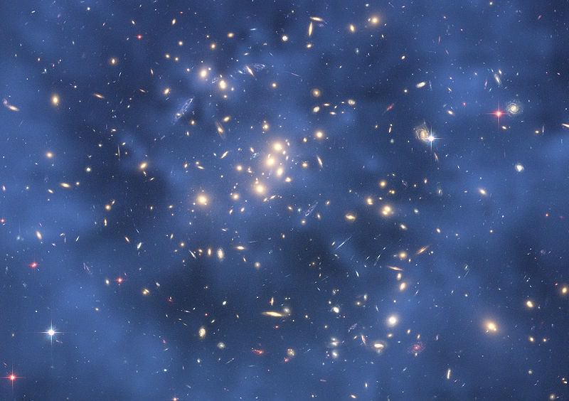 Dark matter is invisible. Based on the effect of gravitational lensing, a ring of dark matter has been inferred in this image of a galaxy cluster (CL0024+17) and has been represented in blue. Image: NASA/ESA.