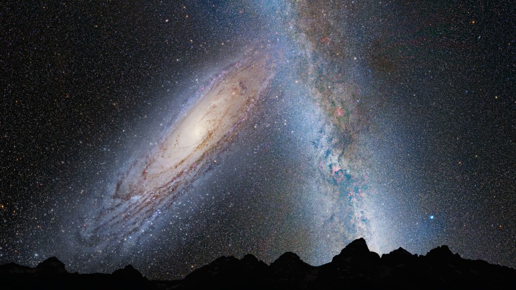 An artist's illustration of the Andromeda galaxy and the Milky Way, the two largest galaxies in the Local Group, are on a collision course. Credit: NASA