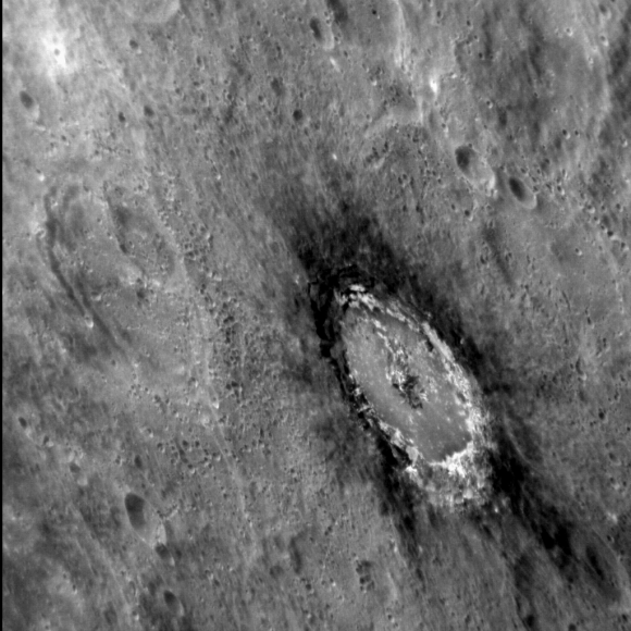 Low-reflectance material surrounding an 80-km crater called Basho 