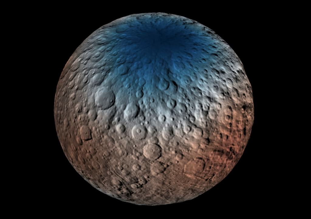  This map shows a portion of the northern hemisphere of Ceres with neutron counting data acquired by the gamma ray and neutron detector (GRaND) instrument aboard NASA's Dawn spacecraft. These data reflect the concentration of hydrogen in the upper yard (or meter) of regolith, the loose surface material on Ceres. The color information is based on the number of neutrons detected per second by GRaND. Counts decrease with increasing hydrogen concentration. The color scale of the map is from blue (lowest neutron count) to red (highest neutron count). Lower neutron counts near the pole suggest the presence of water ice within about a yard (meter) of the surface at high latitudes.