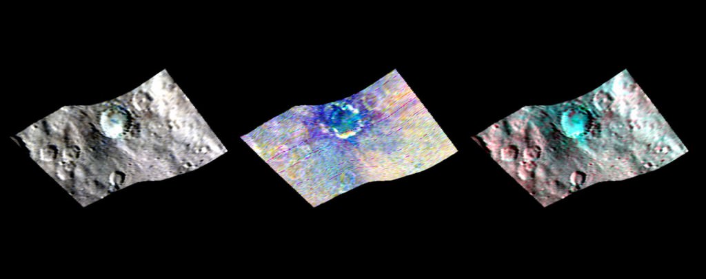 Ceres' Haulani Crater (21 miles, 34 kilometers wide) is shown in these views from the visible and infrared mapping spectrometer (VIR) aboard NASA's Dawn spacecraft. These views reveal variations in the region's brightness, mineralogy and temperature at infrared wavelengths. The image at far left shows brightness variations in Haulani. Light with a wavelength of 1200 nanometers is shown in blue, 1900 nanometers in green and 2300 nanometers in red. The view at center is a false color image, highlighting differences in the types of rock and ejected material around the crater. Scientists see this as evidence that the material in this area is not uniform, and that the crater's interior has a different composition than its surroundings.