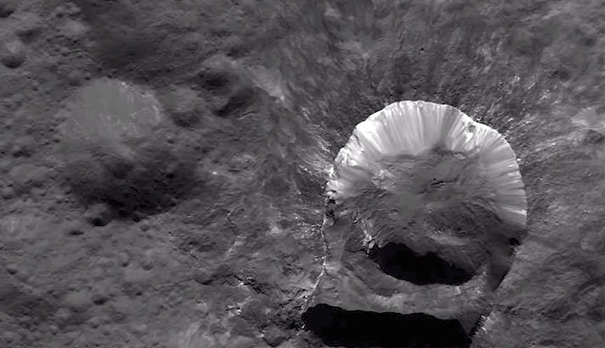 Ceres’ Oxo Crater (right) is the only place on the dwarf planet where water has been detected on the surface so far. Credit: NASA/JPL-Caltech/UCLA/MPS/DLR/IDA/PSI