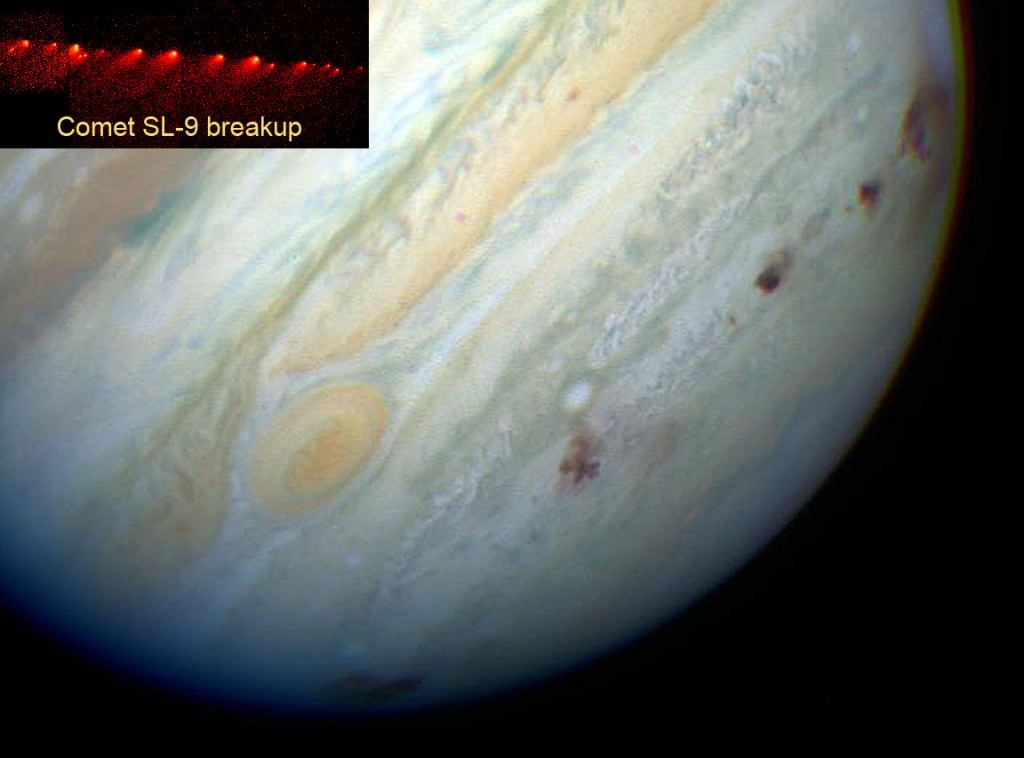 Comet Shoemaker-Levy 9 broke up into many fragments (upper left photo) which later slammed into Jupiter's southern hemisphere one after another to create a string of dark blotches in July 1994. Credit: NASA/ESA