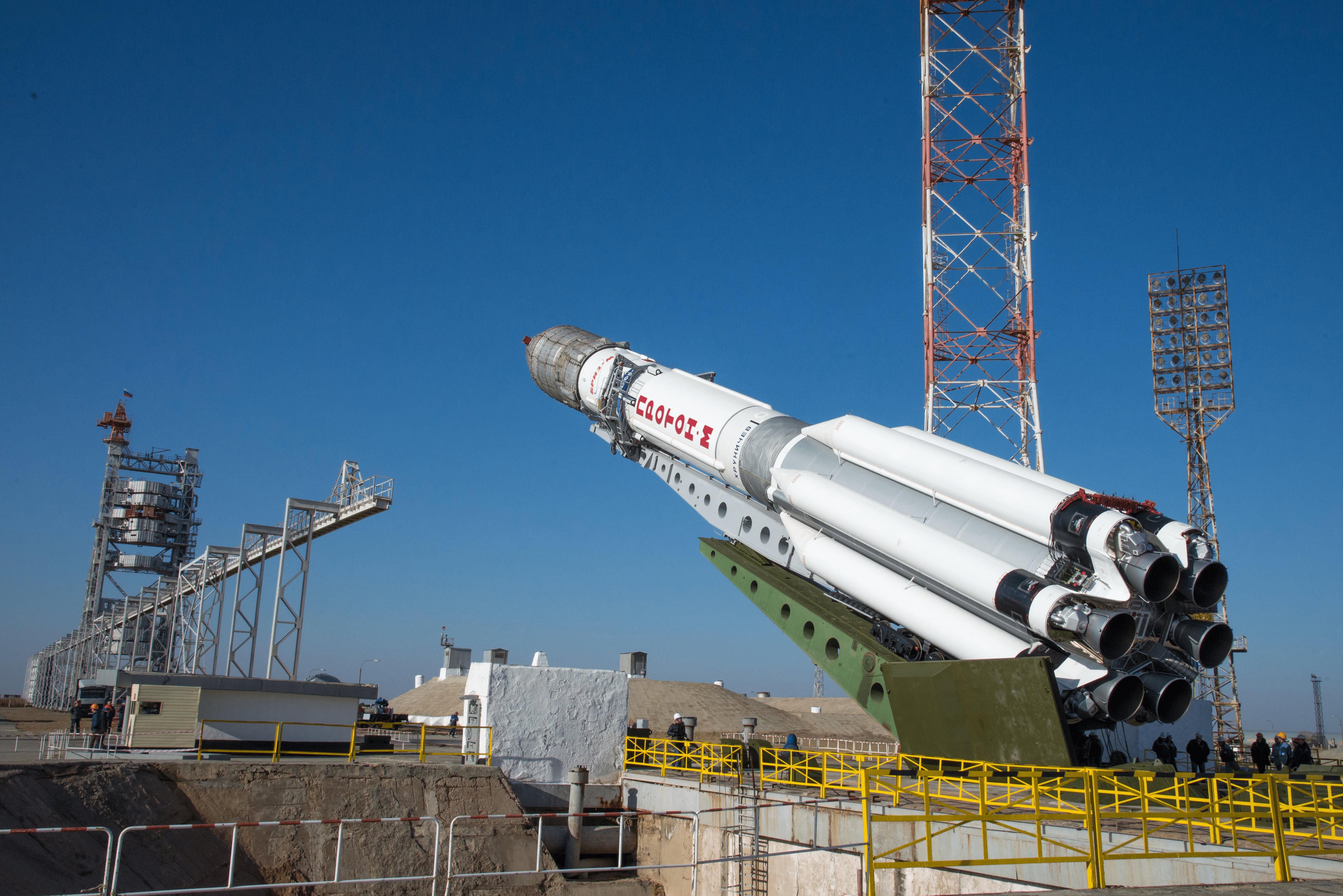 Proton rocket and ExoMars 2016 spacecraft rolled out to launch pad at the Baikonur cosmodrome, Kazakhstan Copyright: ESA - B. Bethge 