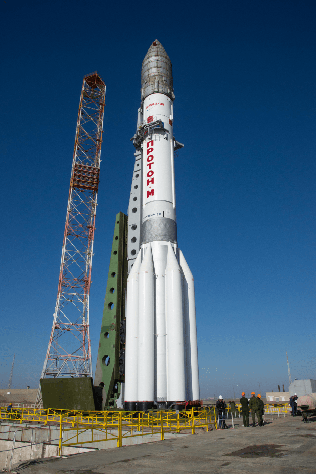 Proton rocket and ExoMars 2016 spacecraft stand vertical at the launch pad at the Baikonur cosmodrome, Kazakhstan Copyright: ESA - B. Bethge 