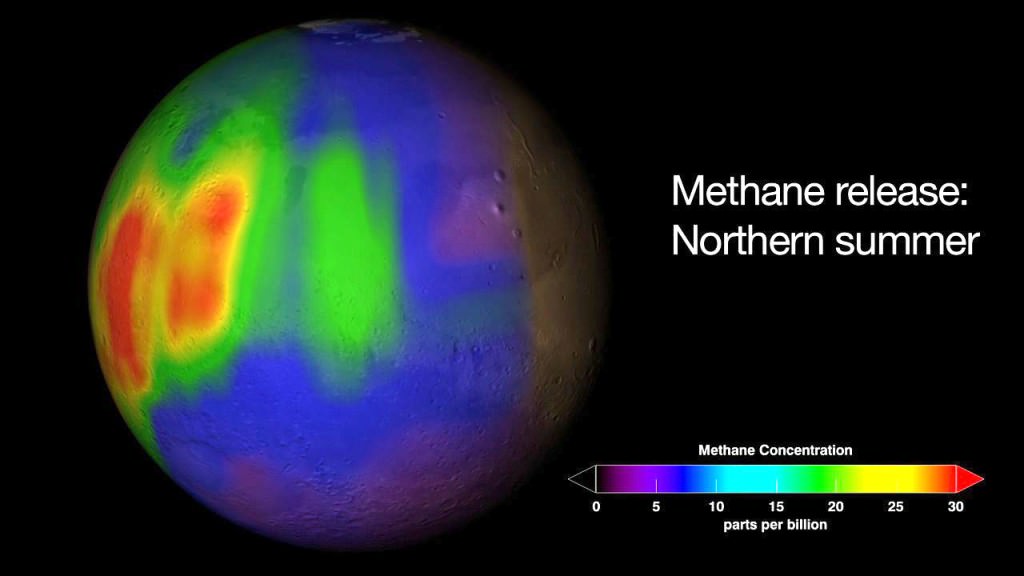 NASA researchers using telescopes right here on Earth also detected multiple methane plumes coming from the surface on Mars in 2003. Credit: Trent Schindler/NASA