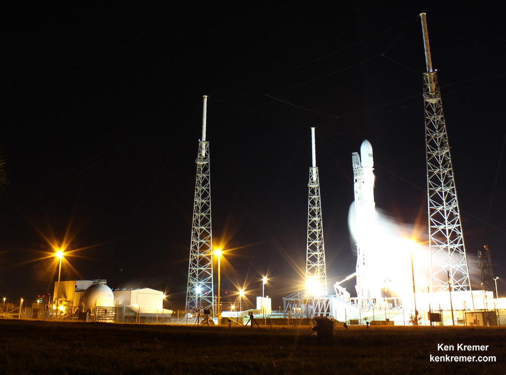 SpaceX Falcon 9 venting during countdown leading to aborted launch attempt of SES-9 communications satellite on Feb 28, 2016.  Liffoff now slated for March 4, 2016 from Pad 40 at Cape Canaveral, FL after four scrubs due to weather and technical issues. Credit: Ken Kremer/kenkremer.com
