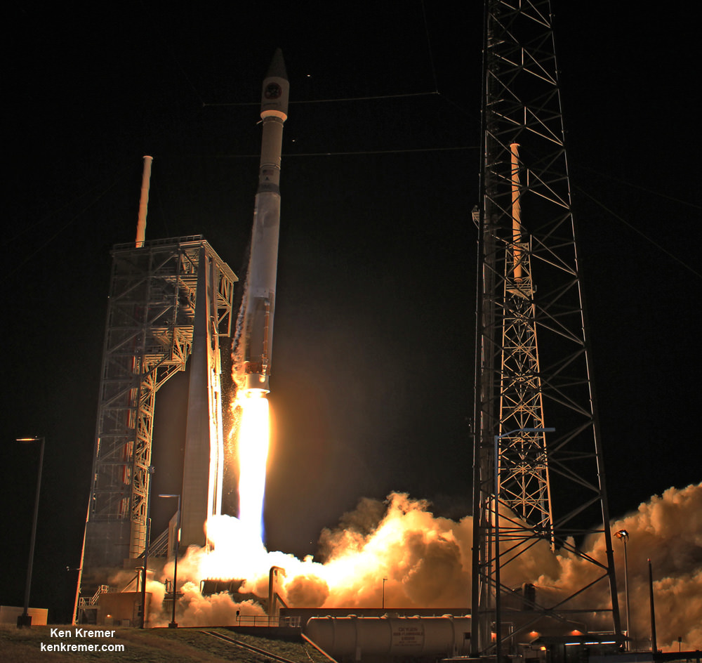 A United Launch Alliance (ULA) Atlas V launch vehicle lifts off from Cape Canaveral Air Force Station carrying a Cygnus resupply spacecraft on the Orbital ATK CRS-6 mission to the International Space Station. Liftoff was at 11:05 p.m. EDT on March 22, 2016.  The first stage is powered by RD-180 engines that shut down 6 seconds early for an undetermined reason. The spacecraft will deliver 7,500 pounds of supplies, science payloads and experiments.  Credit: Ken Kremer/kenkremer.com