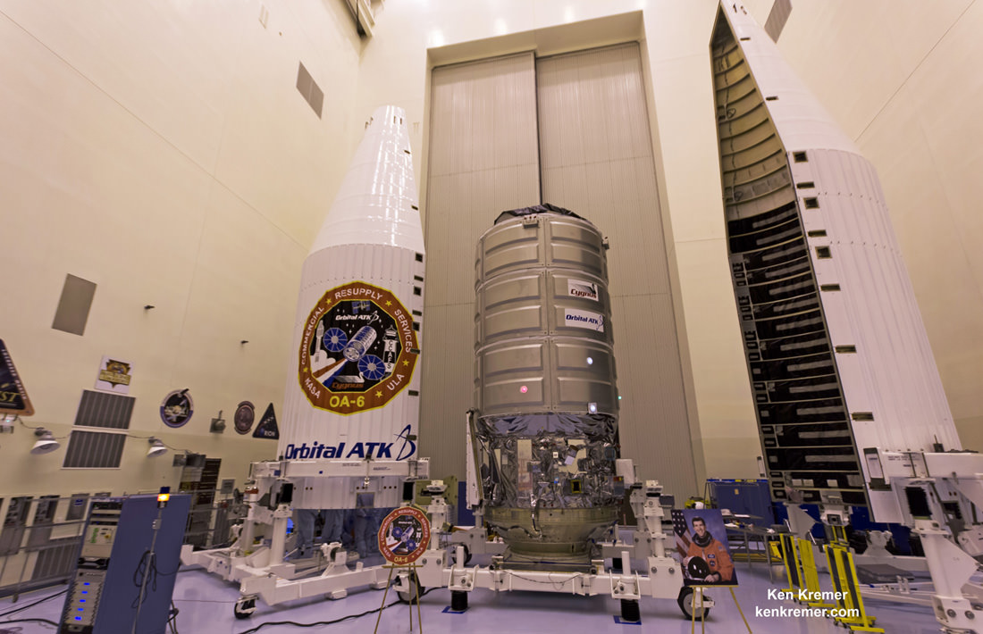 A Cygnus cargo spacecraft named the SS Rick Husband  is being prepared inside the Payload Hazardous Servicing Facility at NASA's Kennedy Space Center for upcoming Orbital ATK CRS-6/OA-6 mission to deliver hardware and supplies to the International Space Station. Cygnus is scheduled to lift off atop a United Launch Alliance Atlas V rocket on March 22, 2016.  Credit: Ken Kremer/kenkremer.com