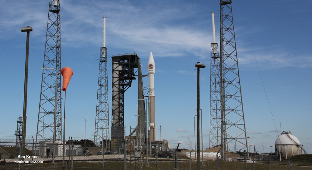 The Orbital ATK CRS-6 launch vehicle with the Cygnus cargo spacecraft bolted to the top of the Atlas V rocket is poised for launch at Space Launch Complex 41 at Cape Canaveral Air Force Station on March 22, 2016. Credit: Ken Kremer/kenkremer.com