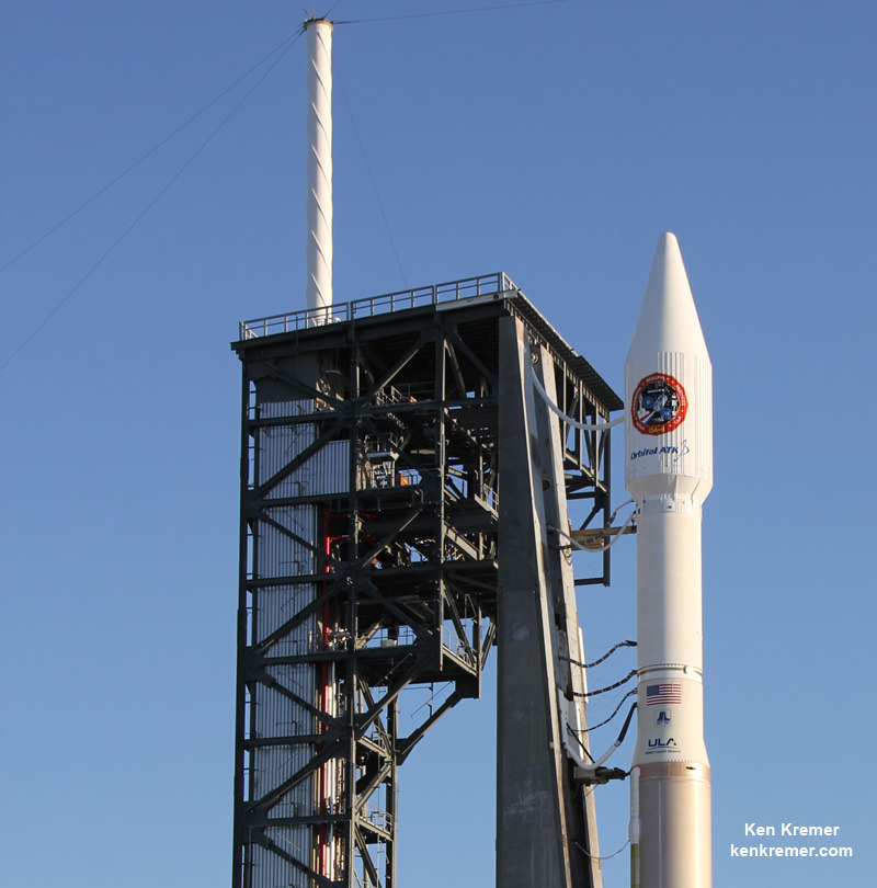 Up close view of umbilical’s connecting to Atlas V rocket carrying Orbital ATK CRS-6 launch vehicle to the ISS at Space Launch Complex 41 at Cape Canaveral Air Force Station on March 22, 2016. Credit: Ken Kremer/kenkremer.com 