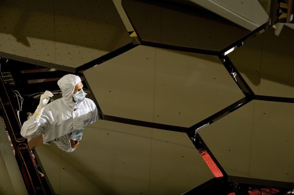 A primary mirror segments of the James Webb Space Telescope, made of beryllium. Credit: NASA/MSFC/David Higginbotham/Emmett Given