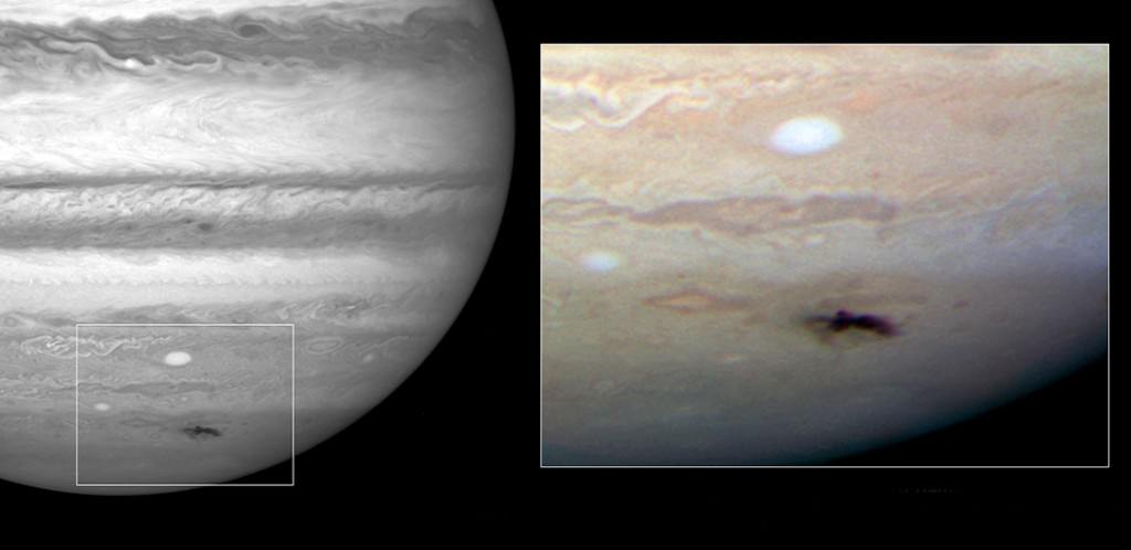 This impact spot, discovered in 2009 by Anthony Wesley, was also visible in amateur telescopes. Credit: NASA, ESA, and H. Hammel (Space Science Institute, Boulder, Colo.), and the Jupiter Impact Team