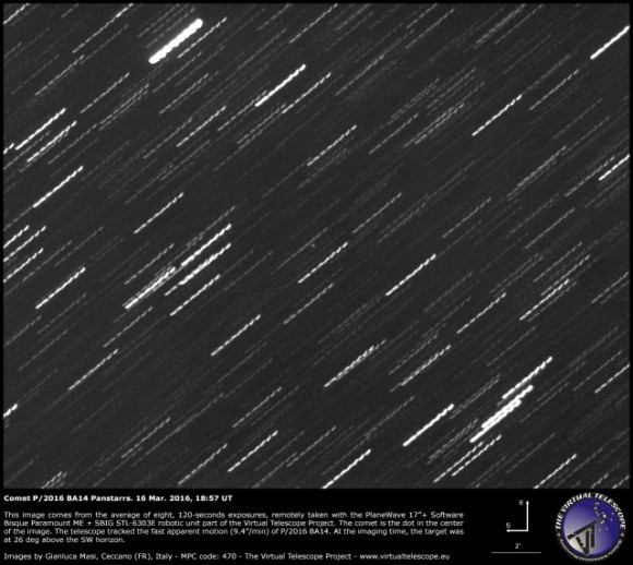 See the speck in the center? That's Comet BA14 PanSTARRS, from the night of March 16th. Image Credit: The Virtual Telescope Project