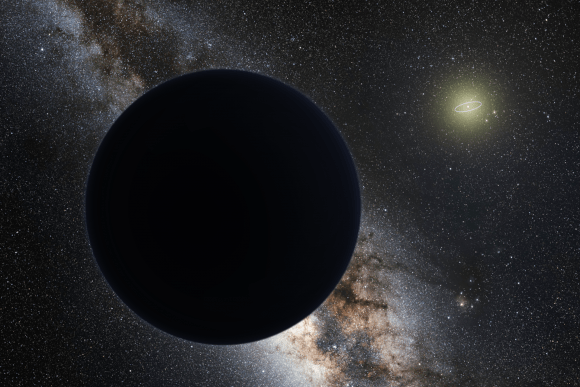 Artist's impression of Planet Nine, blocking out the Milky Way. The Sun is in the distance, with the orbit of Neptune shown as a ring. Credit: ESO/Tomruen/nagualdesign