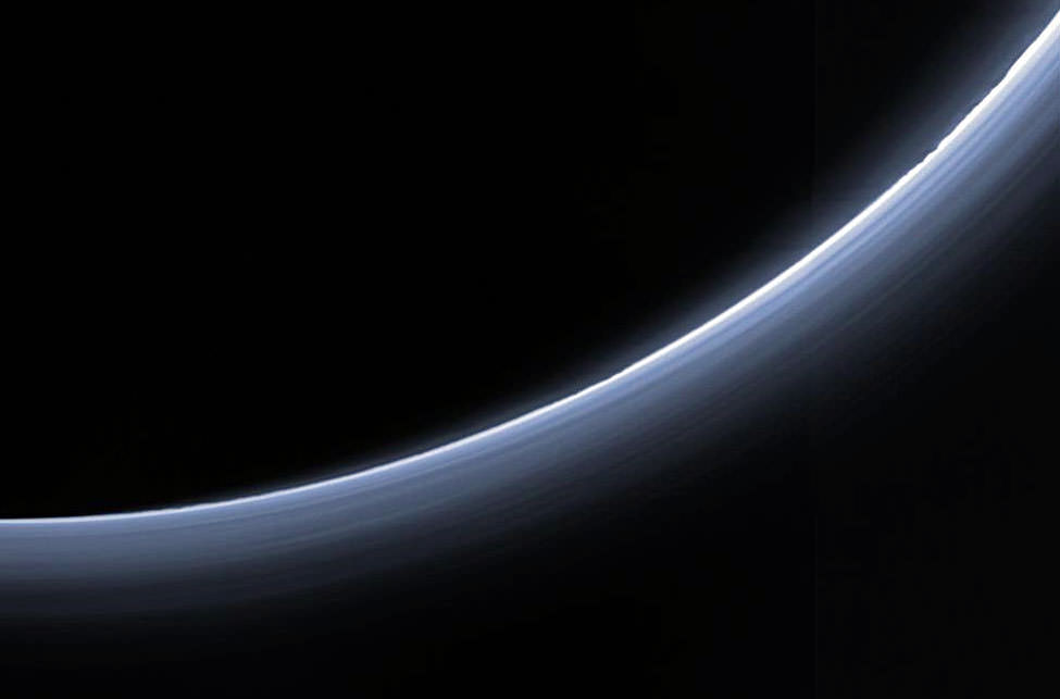 Close up of the back side of Pluto taken by New Horizons shows multiple layers of haze in its mostly nitrogen atmosphere. Credit: 