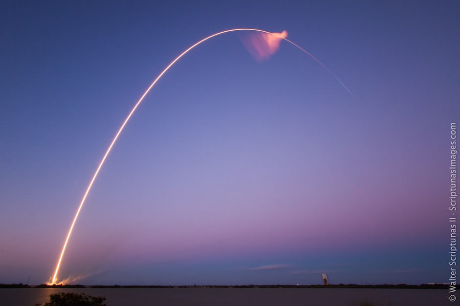 SpaceX Falcon 9 and SES-9 streak to orbit in this long time exposure image after liftoff from Cape Canaveral Air Force Station, FL on March 4, 2016.  Credit: Walter Scriptunis II