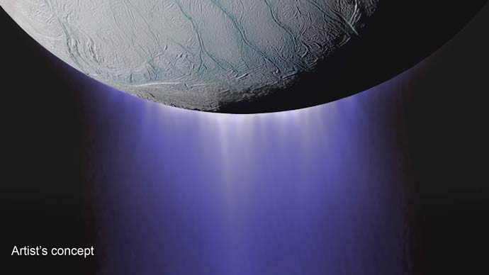 This is an artist's impression of the plumes coming from Enceladus. The Cassini spacecraft detected complex macromolecular organic material in ice grains in the plumes. Image: NASA/JPL.