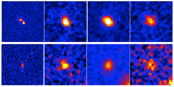 An example of galaxy that shows a double-component structure in the HST/ACS image. North is up and east is left. Each panel has a size of 4" x 4", which corresponds to 85 kly x 85 kly at the distance of 12.6 billion light-years. The thumbnails of the HST/ACS I band (effective wavelength = 814 nm), the Subaru Telescope/Suprime-Cam NB711 and i'- and z'-bands are shown from left to right. Note that the NB711 image, which captures the Lyman-alpha line emitted by neutral hydrogen, shows spatially extended gas which is ionized by ultraviolet (UV) radiation from many massive stars. On the other hand, other band images prove the UV radiation from massive stars themselves (top), and an example of galaxy that shows a single-component structure in the HST/ACS image.. Credit: Ehime University