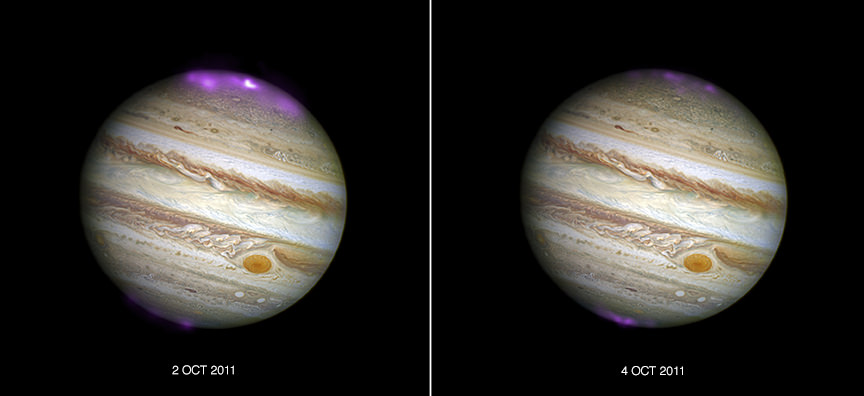 Composite images from the Chandra X-ray Observatory and the Hubble Space Telescope show the hyperactive aurora X-ray on Jupiter.  The image on the left is of auroras when a coronal mass ejection reached Jupiter, and the image on the right is when the aurora subsided.  The auroras were triggered by the ejection of coronal mass from the Sun that reached the planet in 2011. Image: X-ray: NASA / CXC / UCL / W. Dunn et al, Optical: NASA / STScI