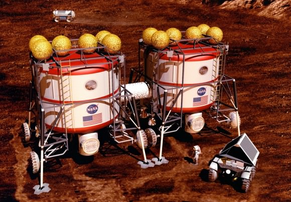  Remote surface exploration in regions around the habitat complex is accomplished by using pressurized rovers. These vehicles would allow the crew to explore beyond the range permitted by their space suits while allowing them to operate in a shirtsleeve environment. Artist concept. Credit: NASA