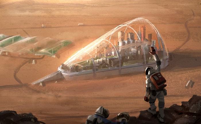 Astronaut stands before a Martian City