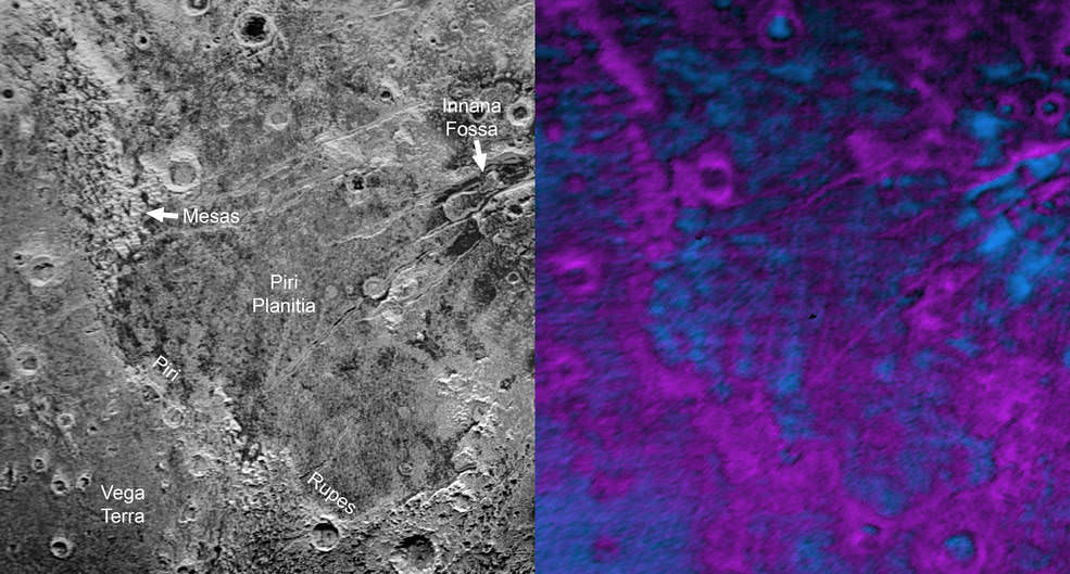 Sublimation of methane ice (shown in purple in the right inset) to methane gas may be eroding the cliffs of Piri Rupes. This process is creating what looks like a bite mark in Pluto's surface, and leaving the Piri Planitia in their wake. (All names for the geographical features on Pluto are still informal.) Image: NASA/JHUAPL/SwRI