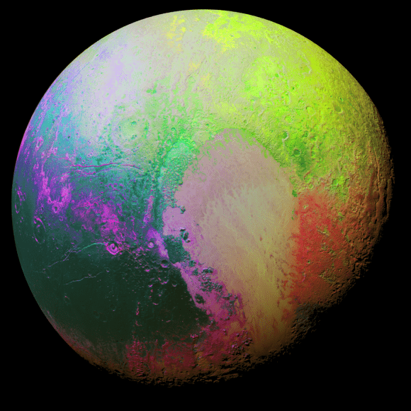 The New Horizons team used "principal component analysis" to get this false-color image of Pluto that highlights the different regions of Pluto. Image: NASA/New Horizons/JHAPL 
