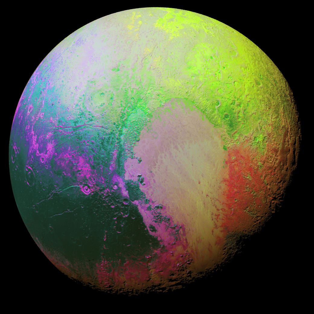 The New Horizons team used "principal component analysis" to get this false-color image that highlights the different regions of Pluto. Image: NASA/New Horizons/JHAPL