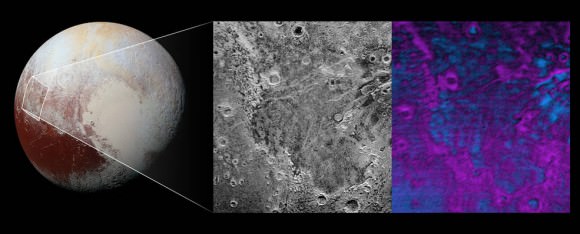 This image shows the location on Pluto where the sublimation of methane is leaving a bite-mark shape, and changing the surface of Pluto. Image: NASA/JHUAPL/SwRI