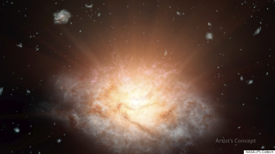 An artist's conception of an extremely luminous infrared galaxy similar to the ones reported in this paper. Image credit: NASA/JPL-Caltech.