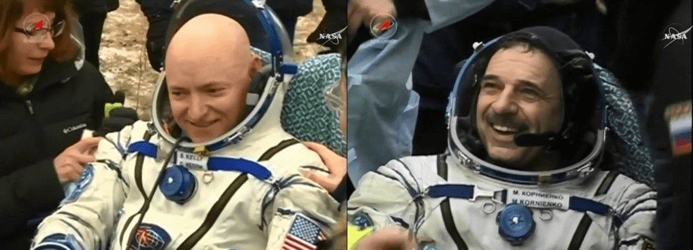 NASA astronaut and Expedition 46 Commander Scott Kelly and his Russian counterpart Mikhail Kornienko enjoy the cold fresh air back on Earth after their historic 340-day mission aboard the International Space Station.  Credits: NASA TV