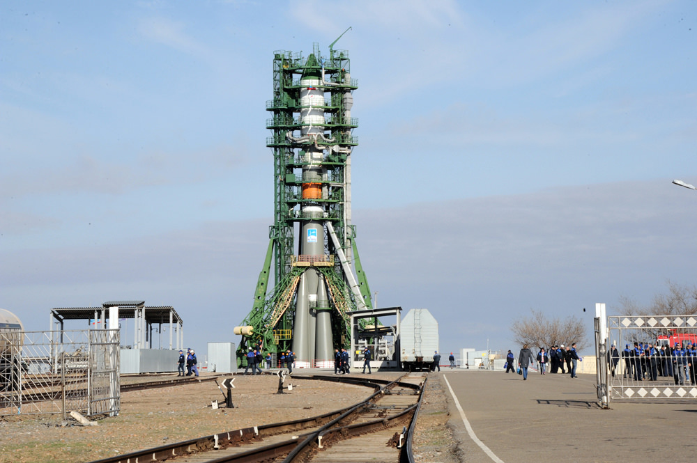 Gantry towers surround the Progress 63 rocket at its launch pad at the Baikonur Cosmodrome in Kazakhstan. Credit: RSC Energia