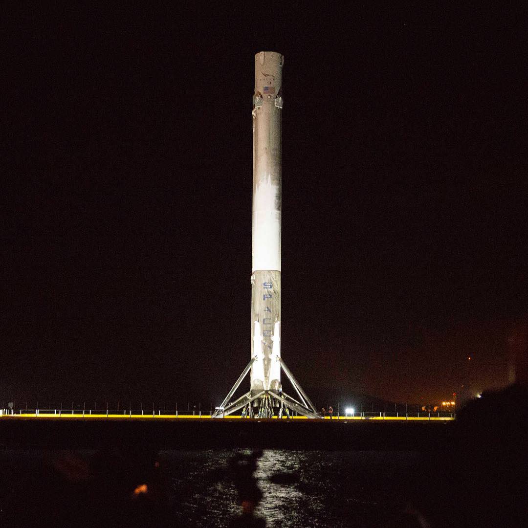 Recovered SpaceX Falcon 9 rocket arrives back in port overnight at Port Canaveral, Florida on April 12, 2016 following successful launch from and landing on April 8 from Cape Canaveral Air Force Station.  Credit: SpaceX