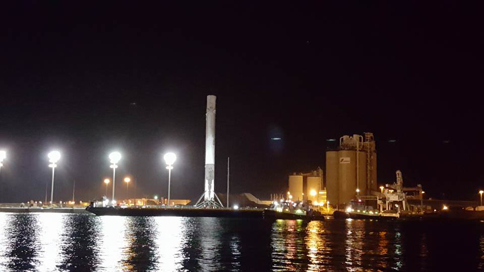 Recovered SpaceX Falcon 9 rocket arrives back in port overnight at Port Canaveral, Florida on April 12, 2016 following successful launch from and landing on April 8 from Cape Canaveral Air Force Station.  Credit: Julian Leek