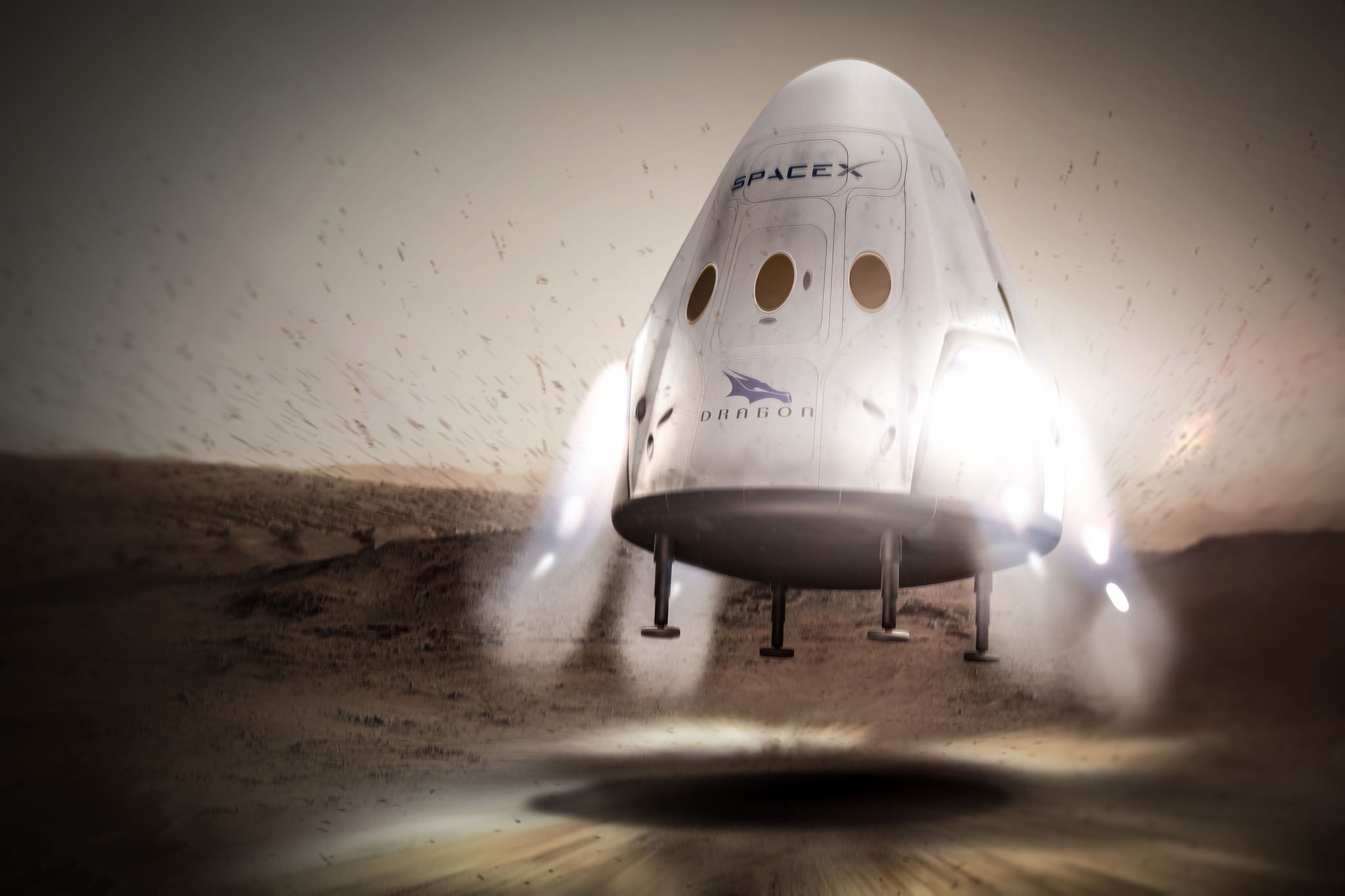 Artists concept for sending SpaceX Red Dragon spacecraft to land propulsively on Mars as early as 2018.  Credit: SpaceX