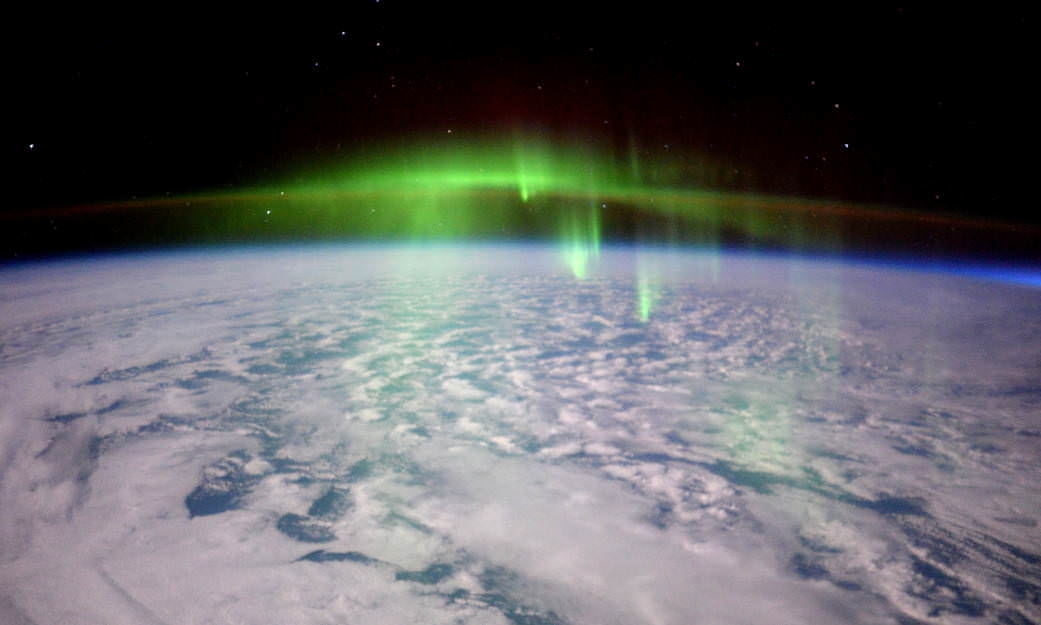 A view of an auroral storm from the ISS. Aurorae are one effect of solar storms like the one that took out 39 Starlink satellites in 2022. Credit: NASA/ESA/Tim Peake