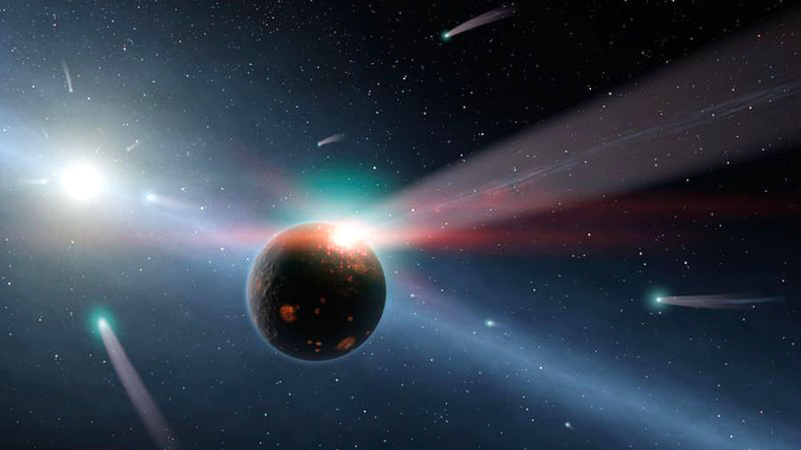 This artwork shows a rocky planet being bombarded by comets. Image credit: NASA/JPL-Caltech